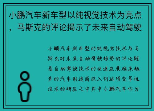 小鹏汽车新车型以纯视觉技术为亮点，马斯克的评论揭示了未来自动驾驶的趋势