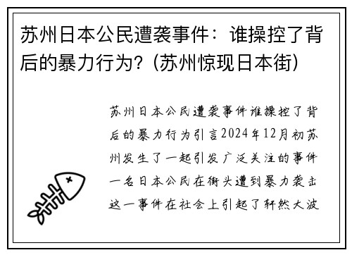 苏州日本公民遭袭事件：谁操控了背后的暴力行为？(苏州惊现日本街)