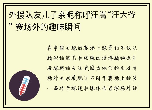 外援队友儿子亲昵称呼汪嵩“汪大爷” 赛场外的趣味瞬间